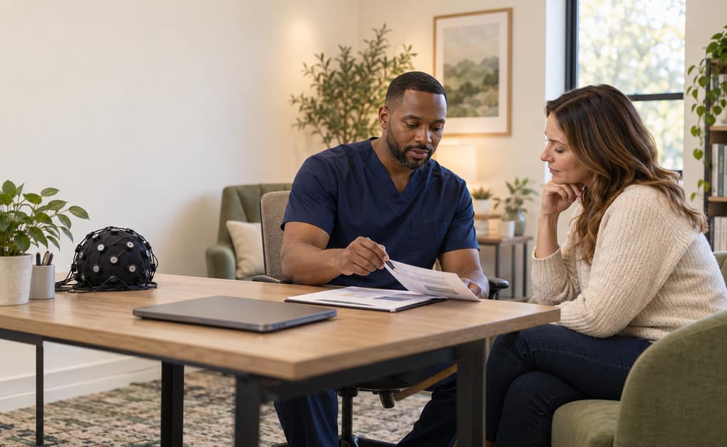 Clinician discussing brain wave training costs with a patient in Minnesota