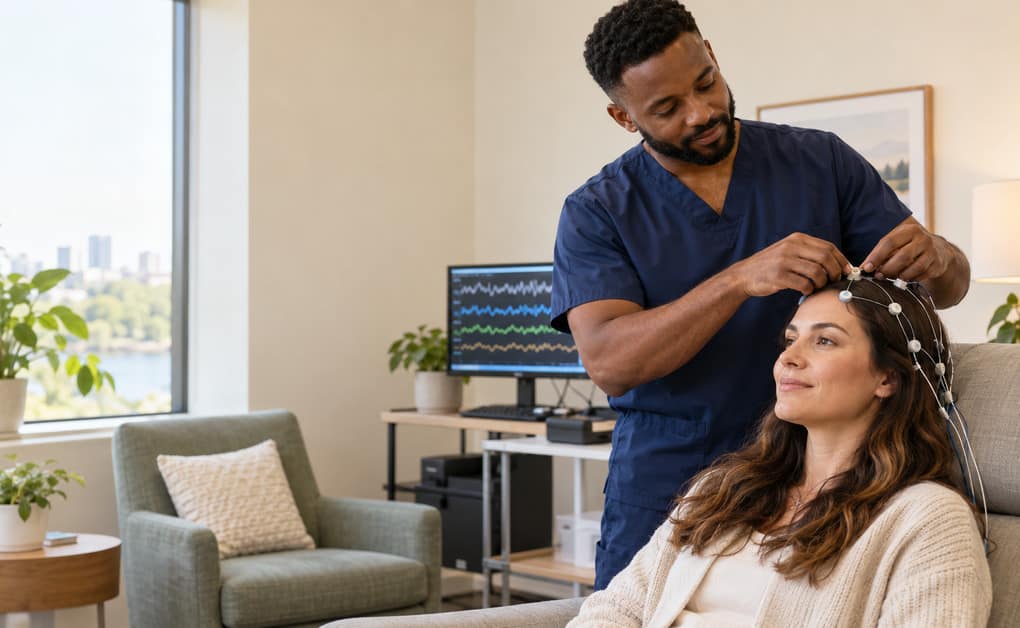 Clinician placing EEG sensors during a brain wave training session
